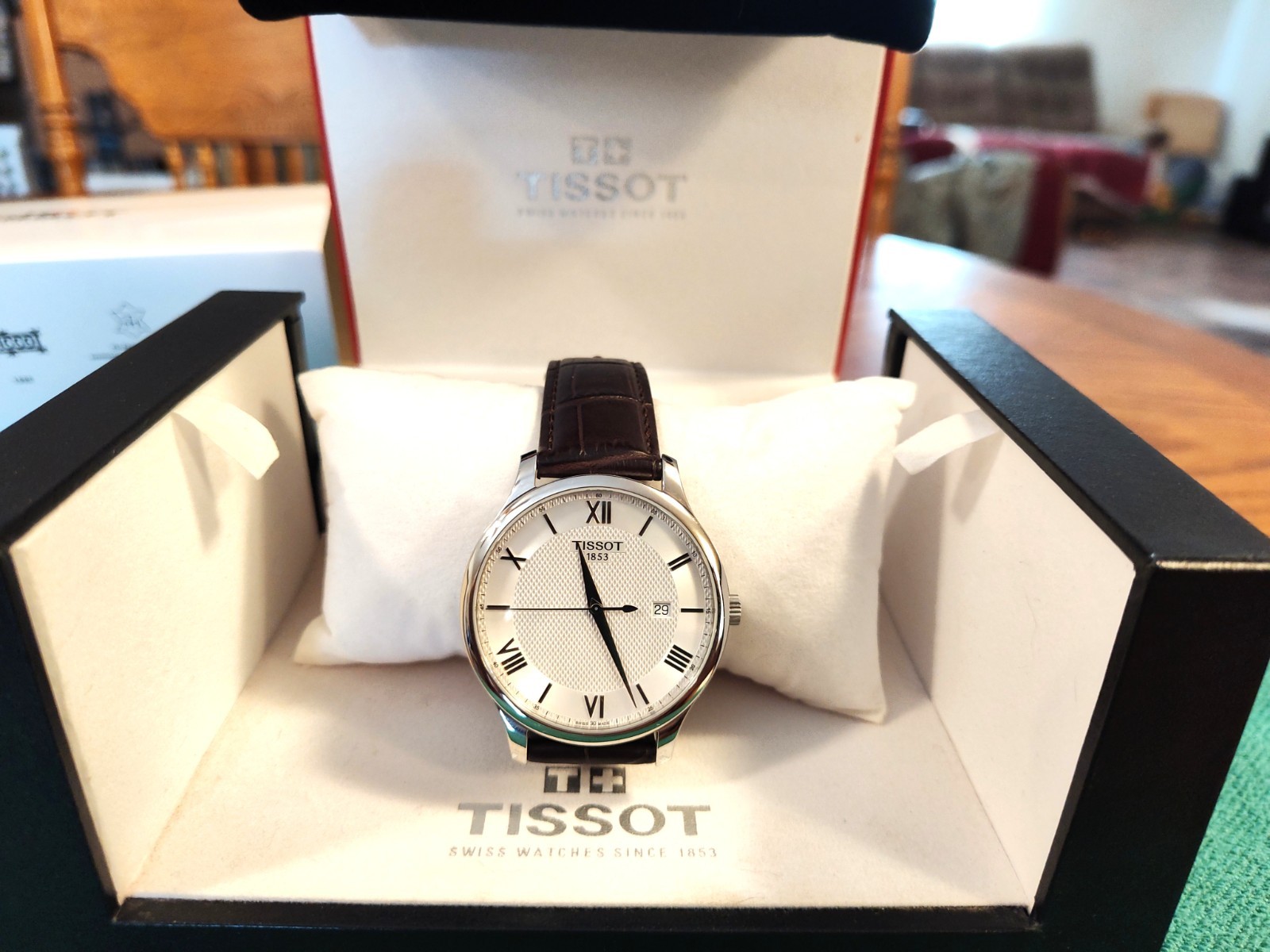 Tissot Tradition T063610A Leather Men’s Swiss Watch, Diamond Pattern Dial, w/Box