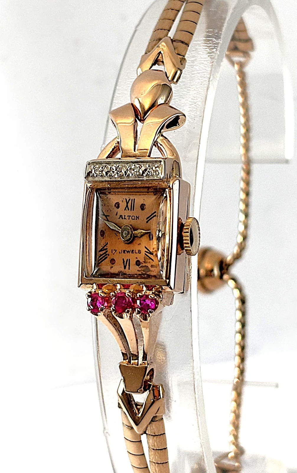 Vintage Alton Solid 14K Rose Gold Diamons Rubies Petite Cocktail Lady’s Watch