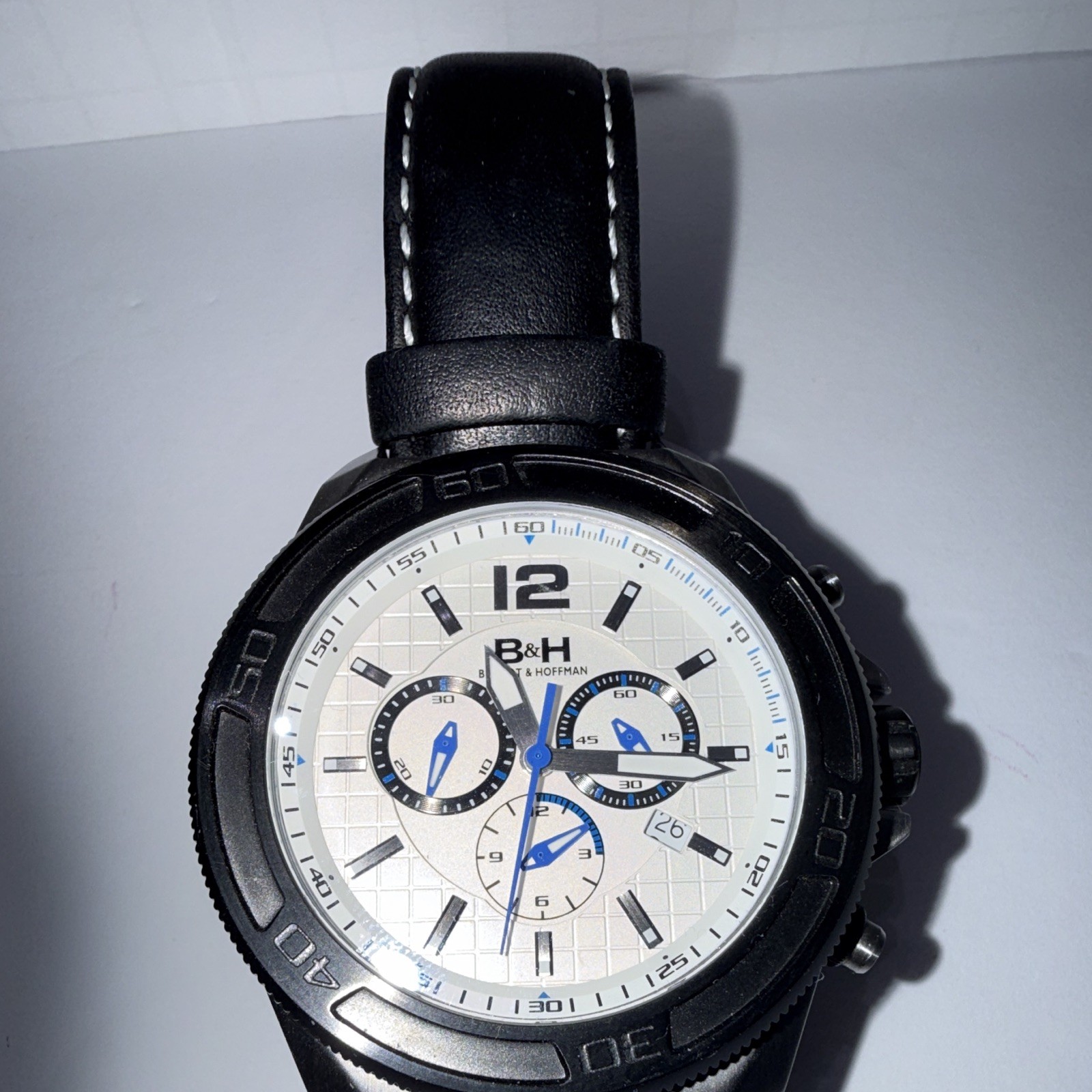 B&H Men’s Quartz Chronograph Wristwatch Date, White Dial, Black Leather Band