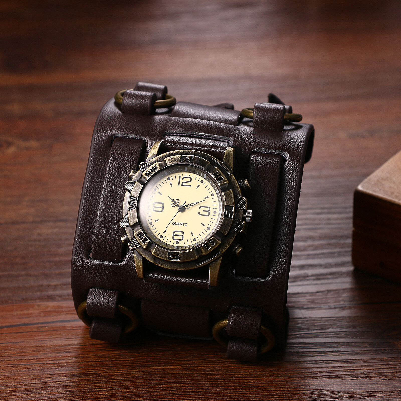 Mens Retro Punk Super Wide Genuine Leather Band Sport Wrist Watch Halloween Gift