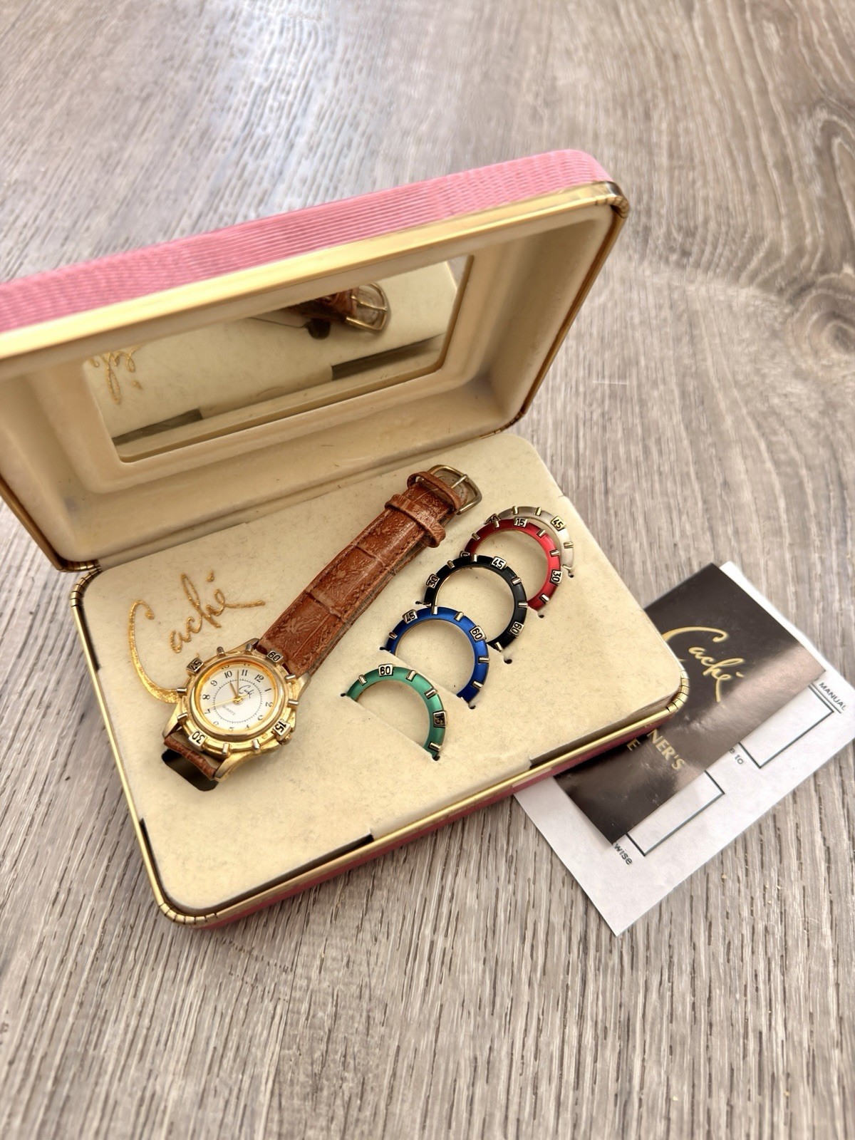 Cache Brown Leather Strap Watch With Bezel Faceplate