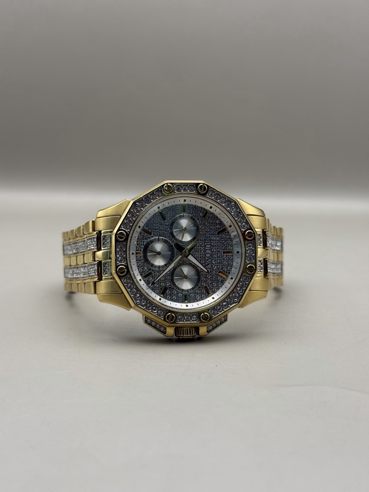 Bulova Octava Gold-Tone Pave Dial Crystal Gent’s Watch 41.5mm 98C126