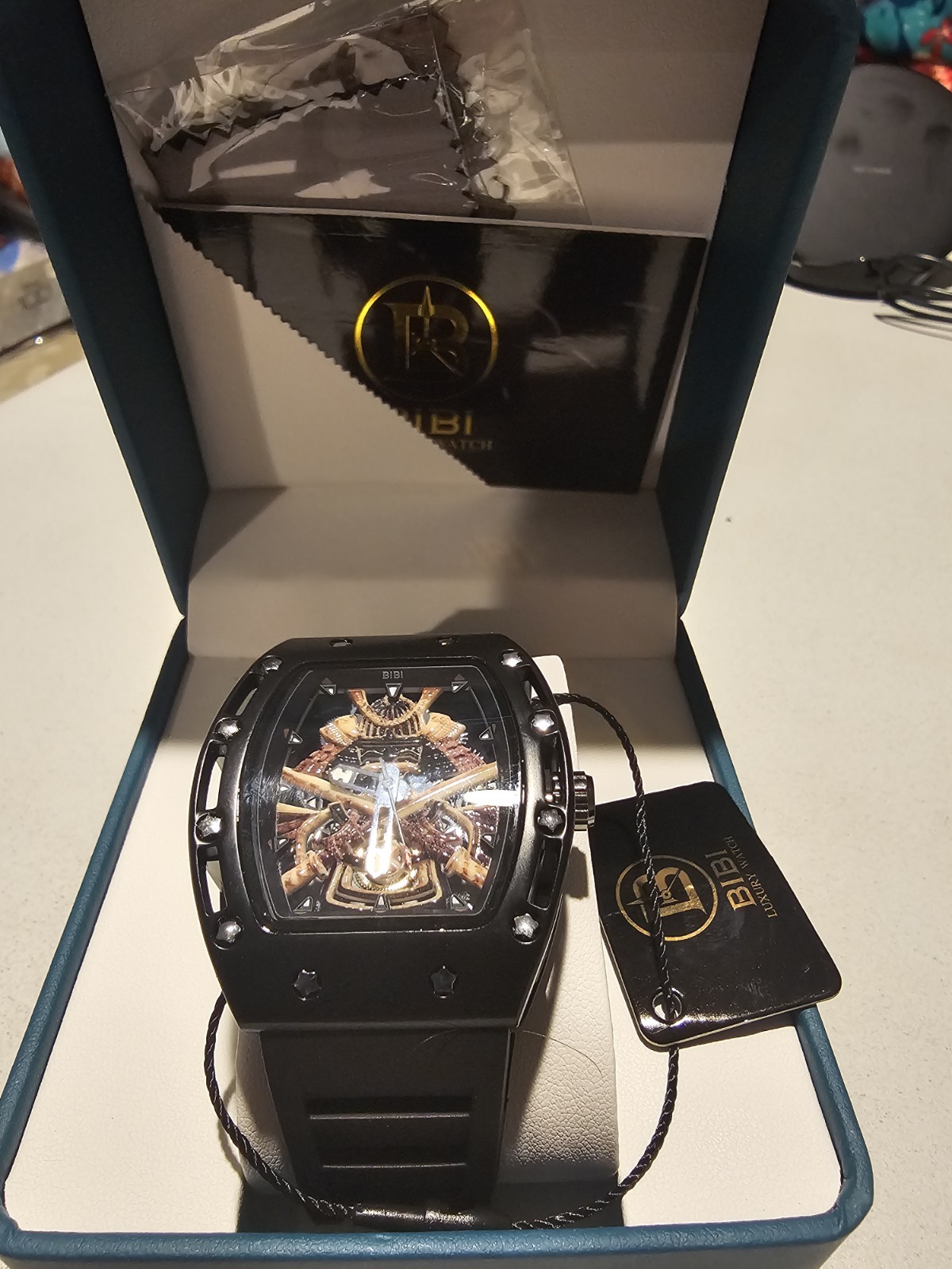 BIBI Men’s Skeleton Watch – Matte Black Tonneau Case, Samurai & Skull Desig
