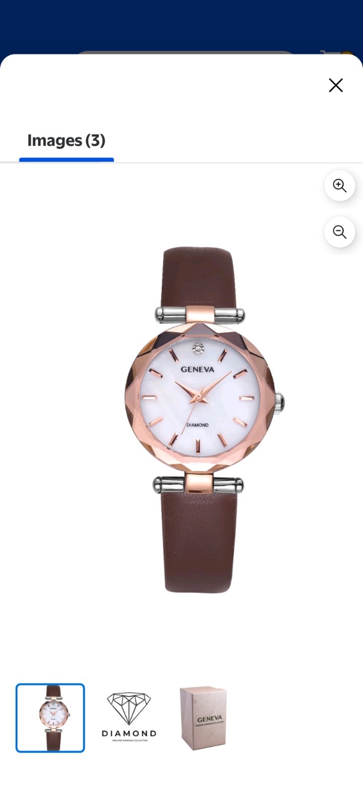 Geneva Ladies Genuine Diamond Dial 34mm Rose Tone Brown Strap Watch