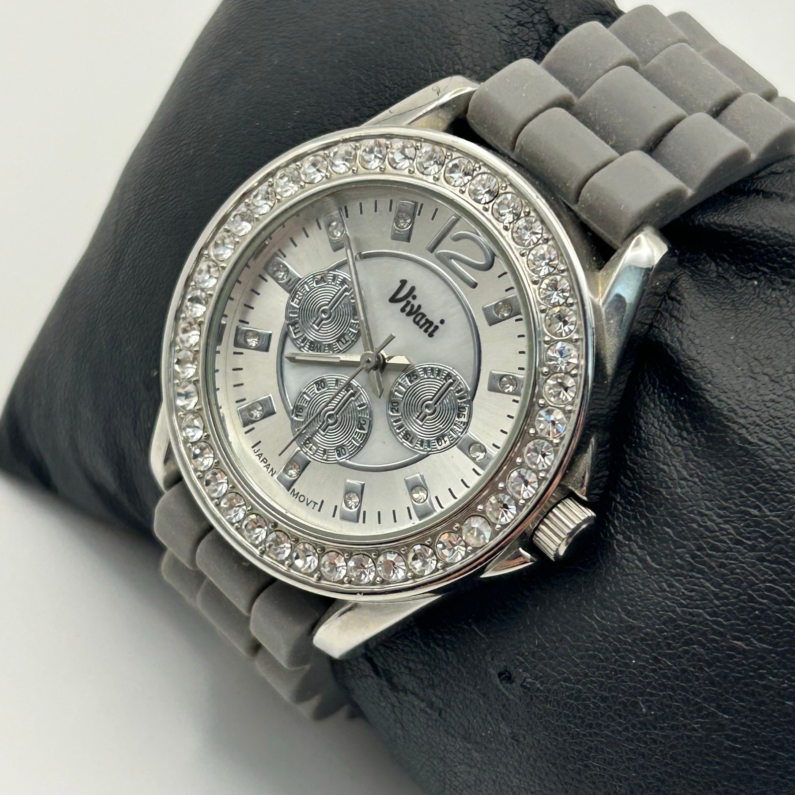 Vivani Silver Tone Dial Round Crystal Accent Case Gray Silicone Band Watch