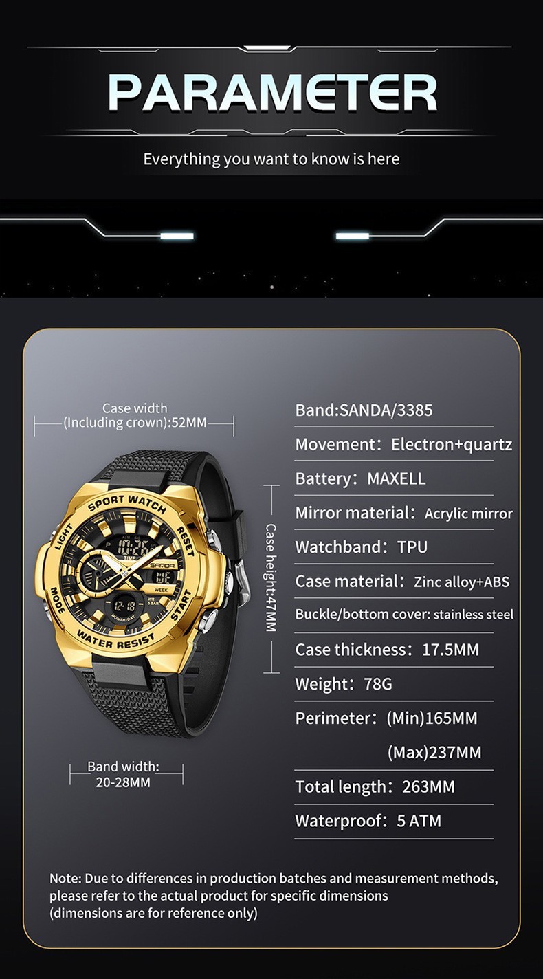 Dual display dial multifunctional sports style luminous quartz waterproof watch