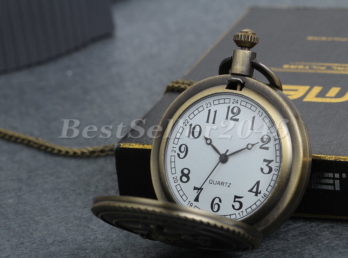 Bronze United States Marine Case Pocket Watch Quartz Analog Chain Necklace Retro