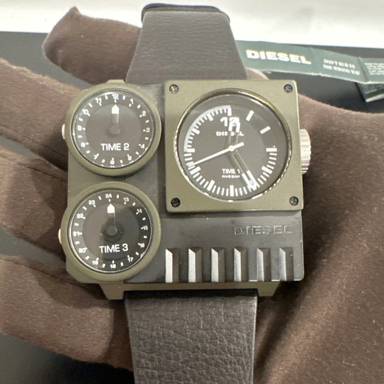 Diesel DZ-7248 Oversized Watch Matte Black/green Case Black Leather Band READ!
