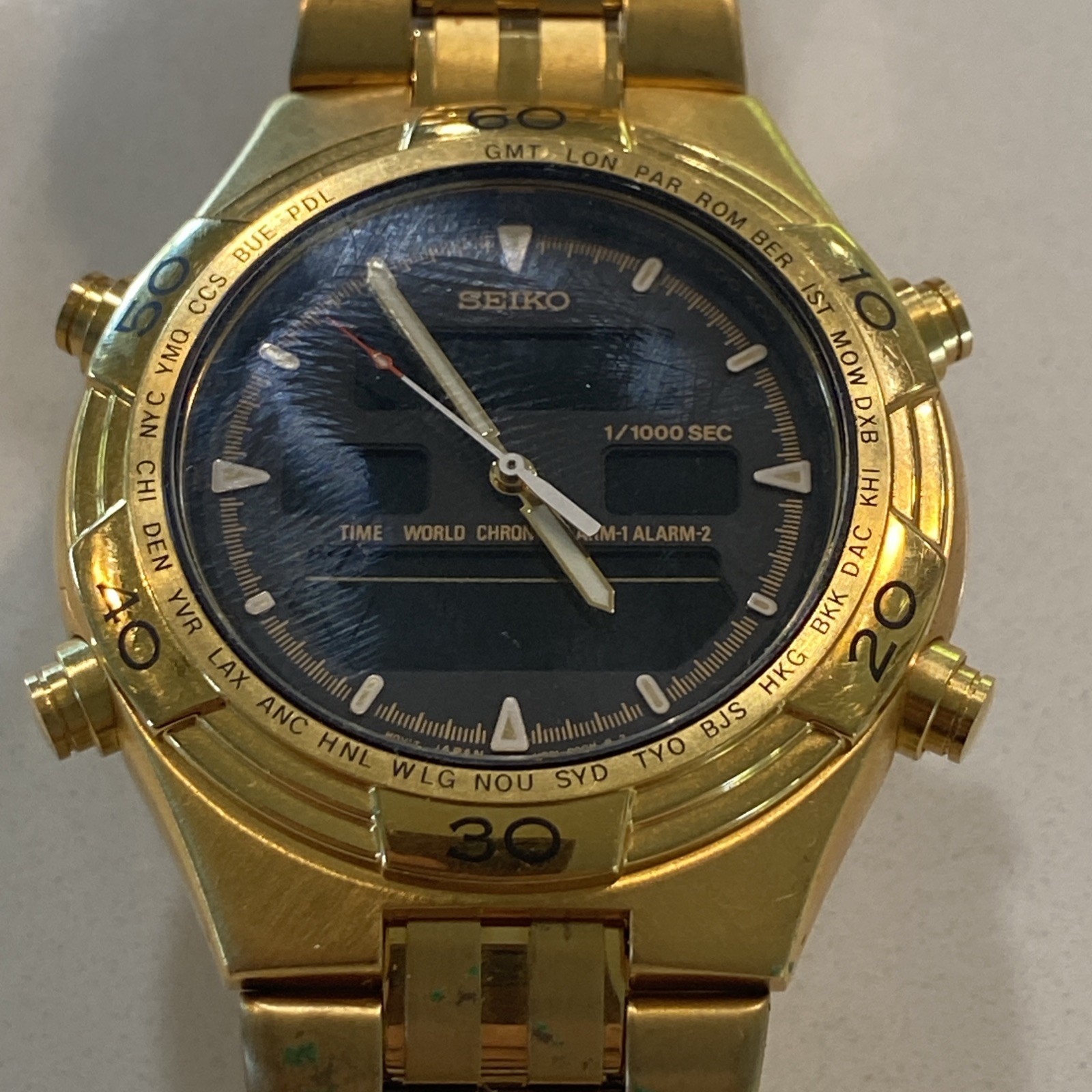 Seiko H021-8000 World Timer Ana-Digi Alarm Chronograph Gold Watch Needs Battery