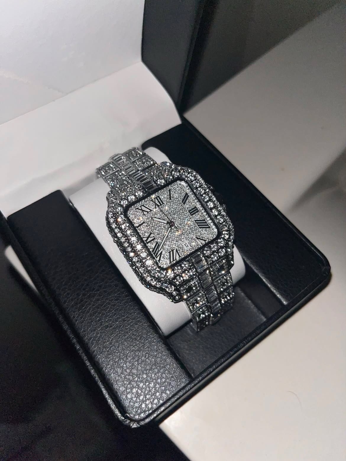Iced out watch with C name, 40mm square elegant dial with natural gemstone + Box