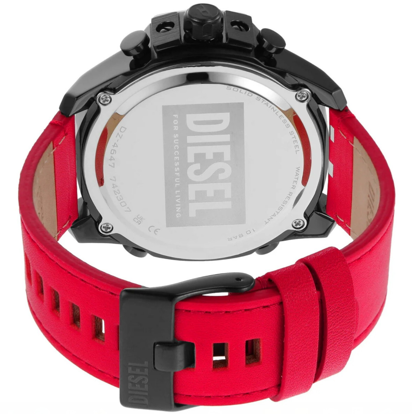 DIESEL Black Stainless-Steel Grey Sunray Dial 51mm Watch Red White Leather Band
