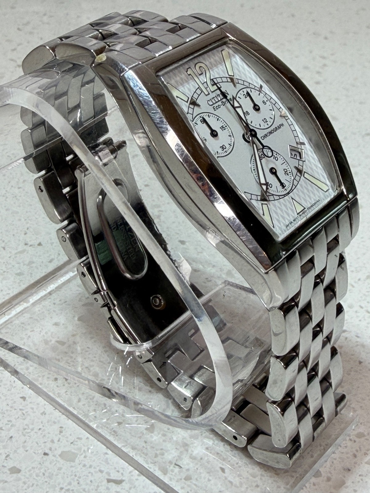 Citizen Eco-Drive Tonneau Chronograph Stainless Steel Men’s Watch – H501-S008336
