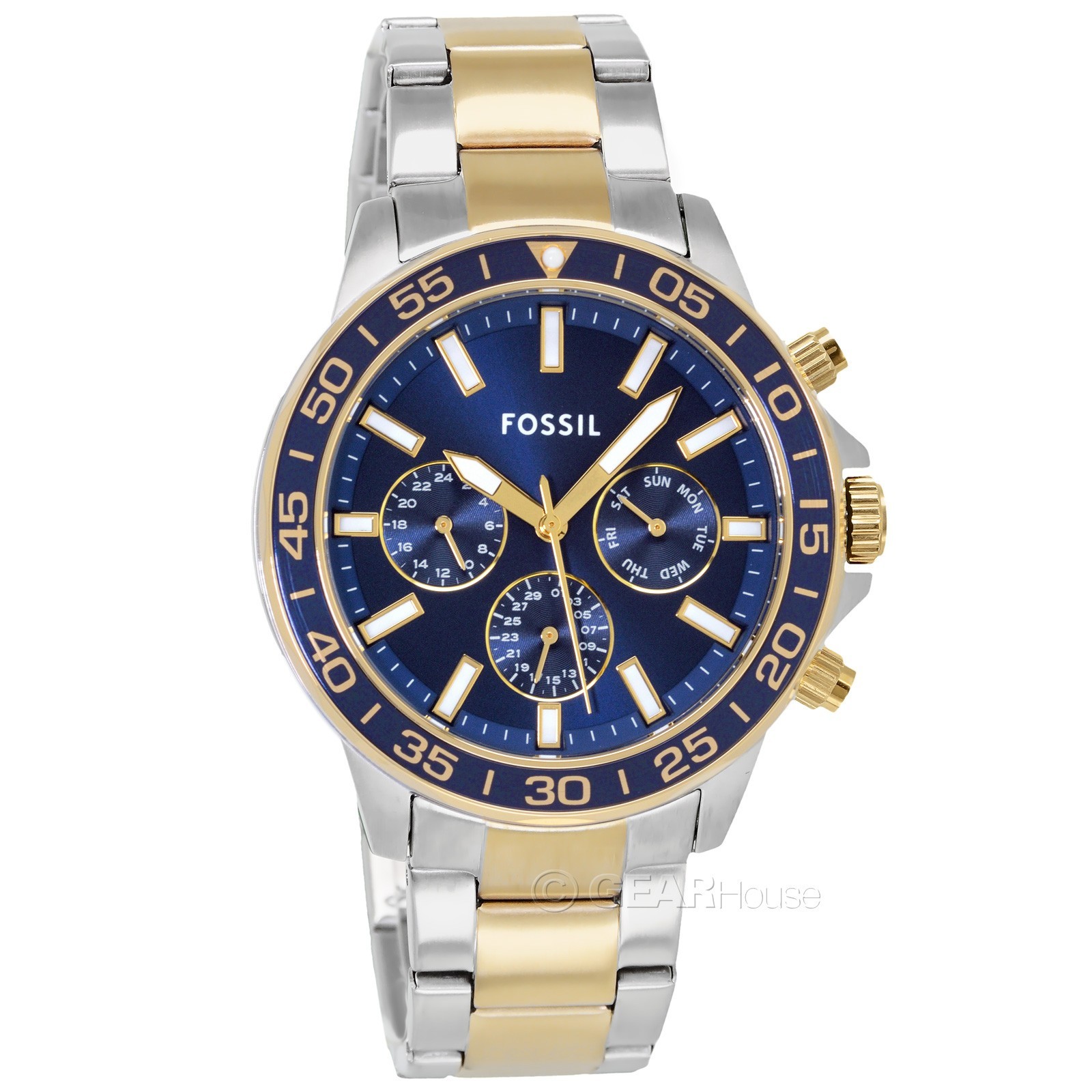 FOSSIL Bannon Mens Two-Tone Watch, Blue Dial, Silver Gold Stainless Steel Band