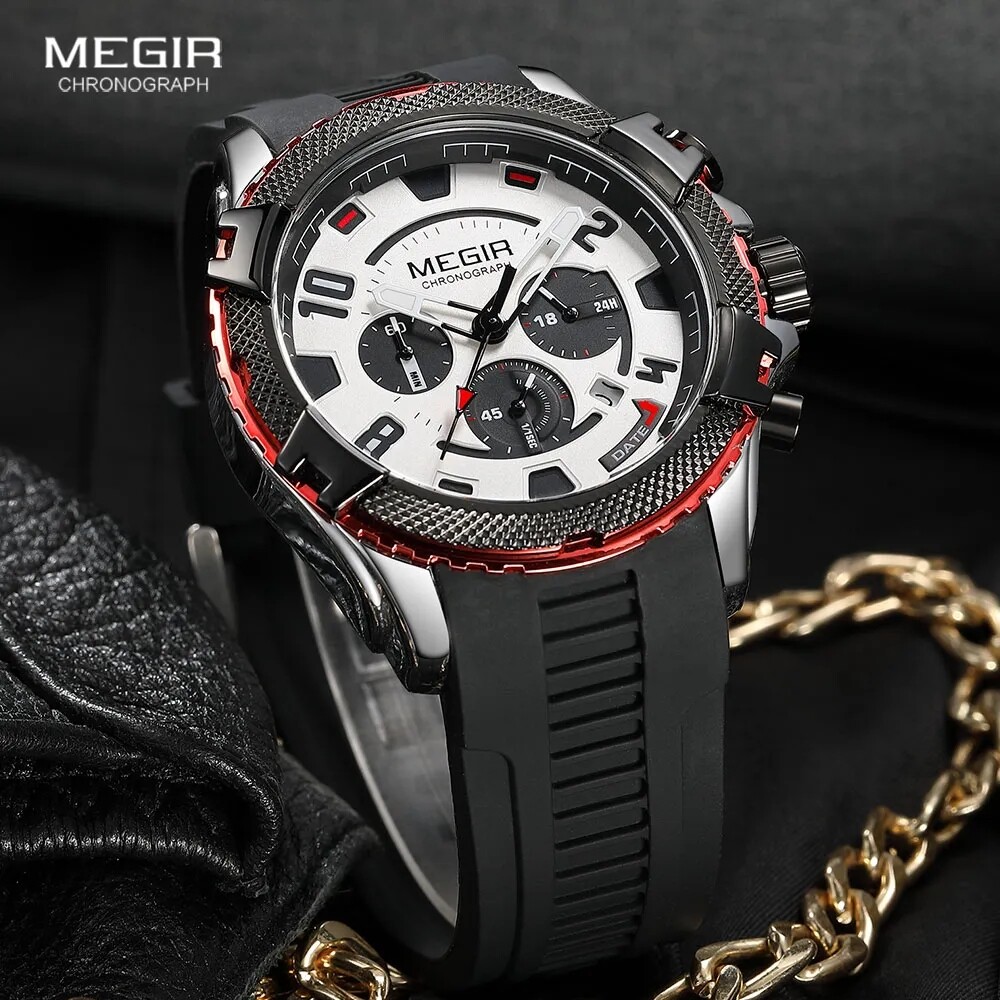 MEGIR Watch Men Waterproof Chronograph Calendar Military Male Rubber Wristwatch