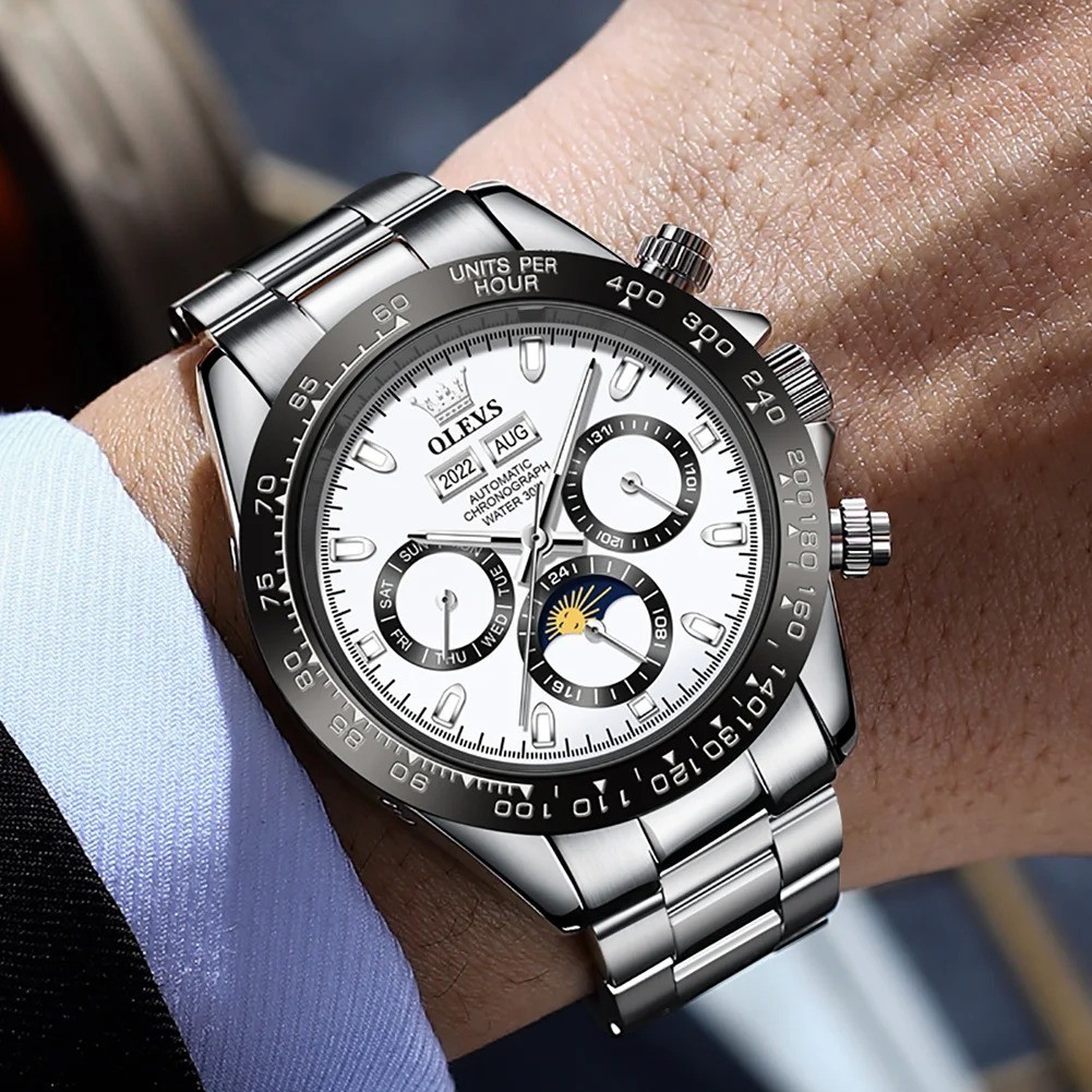 Olevs 6654 Automatic Chrono Luxury Mechanical Waterproof Watch Grey White Black