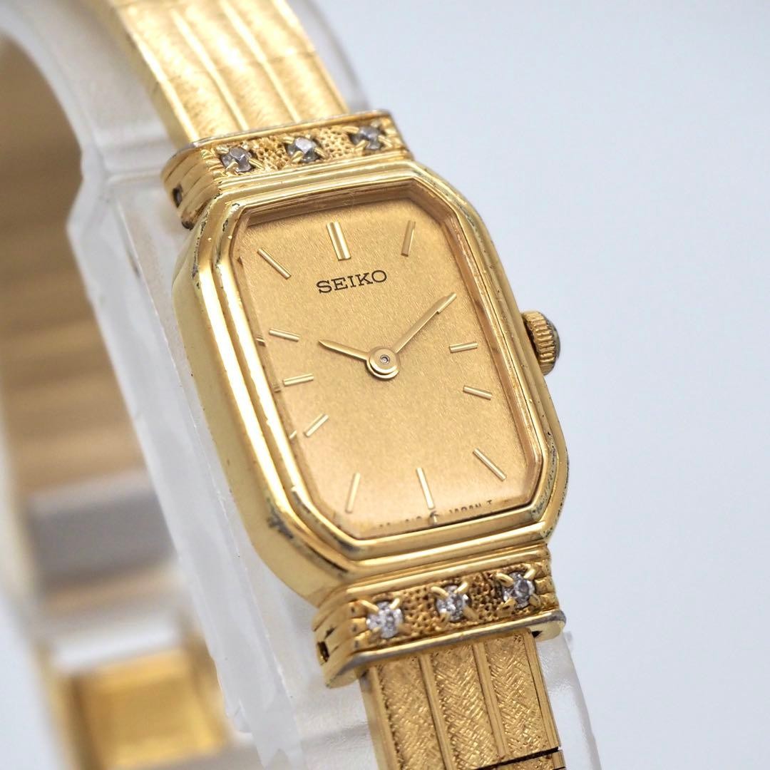 492 Running SEIKO Watch Square Gold 6P Diamond Vintage