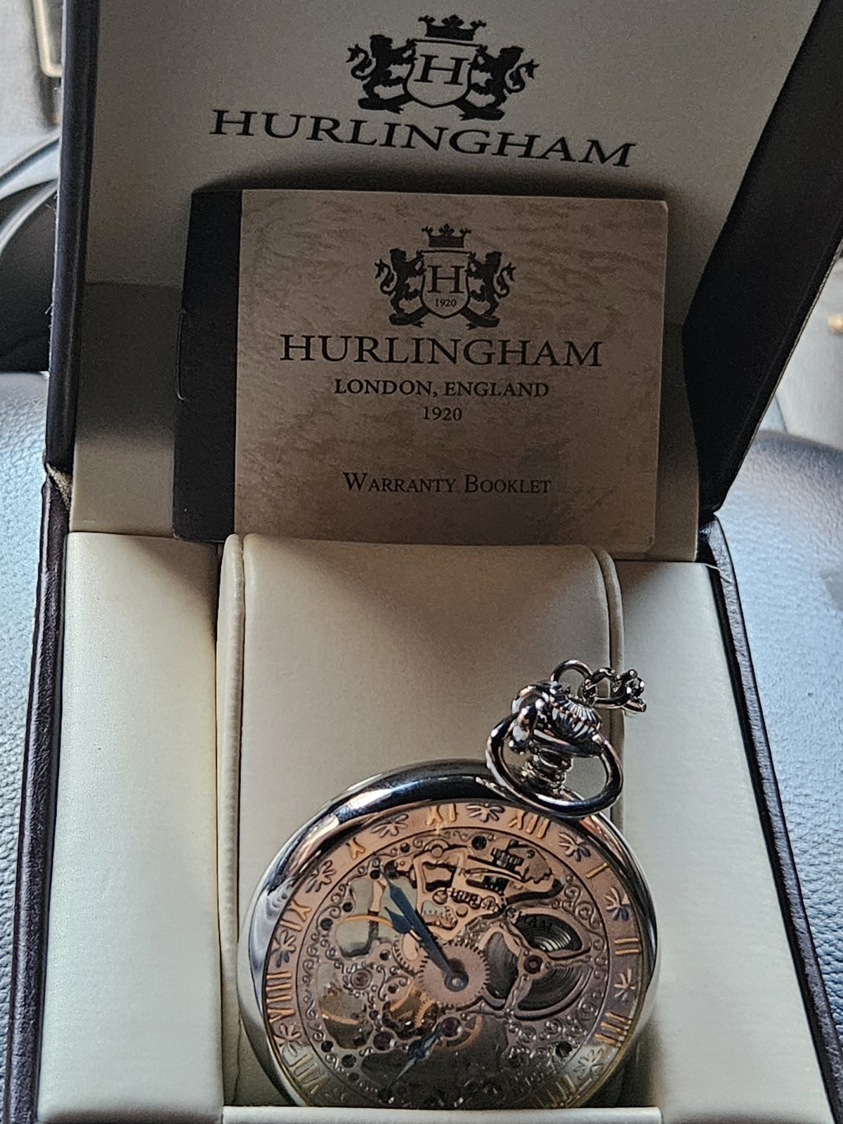 HURLINGHAM Skeleton Mechanical Pocket Watch Open Face w/ Chain Roman Numerals