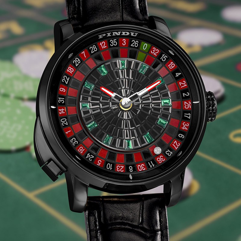 PINDU Men’s Luxury Mechanical Watch Roulette Dial Sapphire Crystal Black Steel