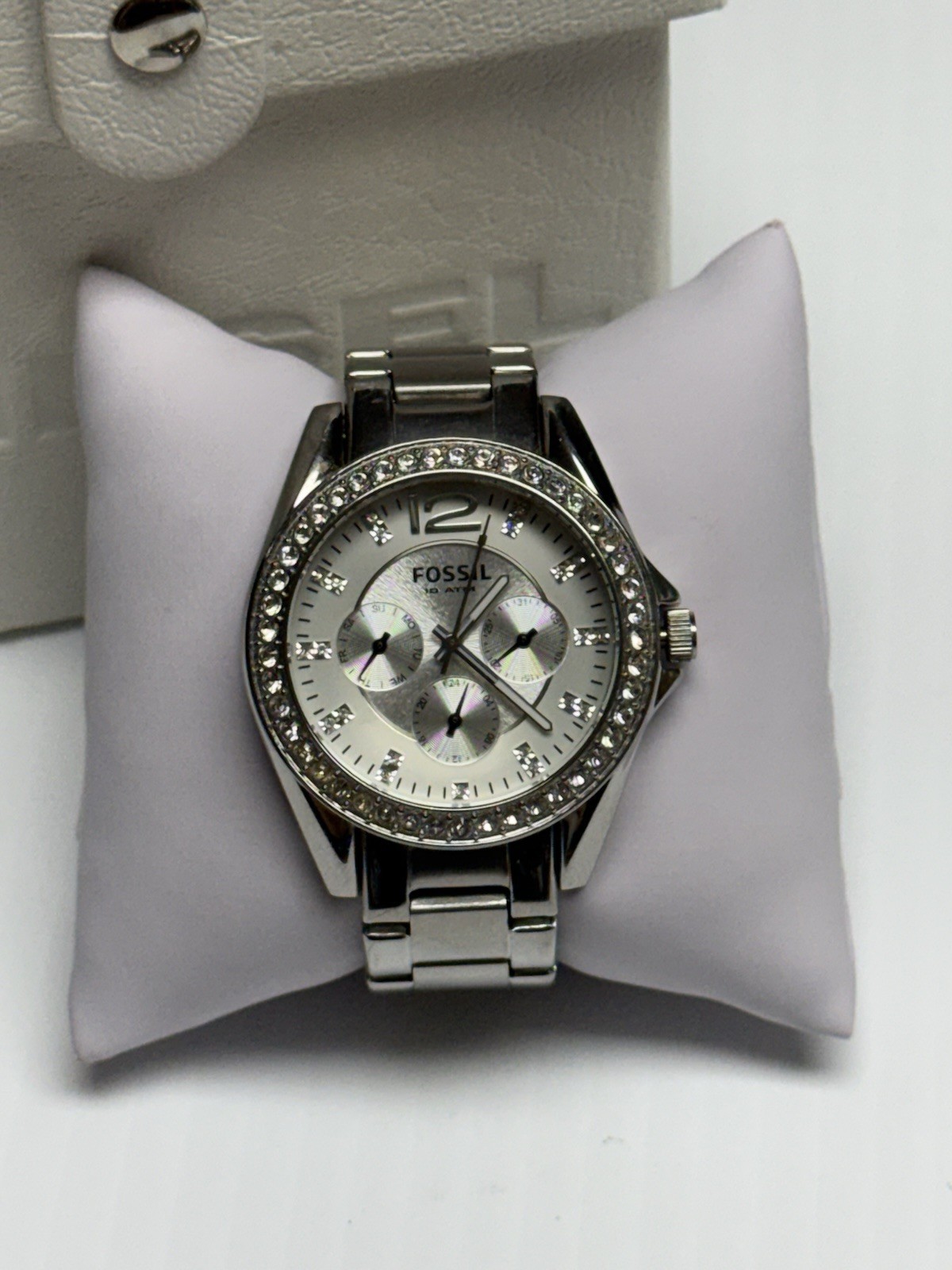 Fossil Women’s Silver Watch ES-2203 Stainless Steel Crystal Bezel Chronograph