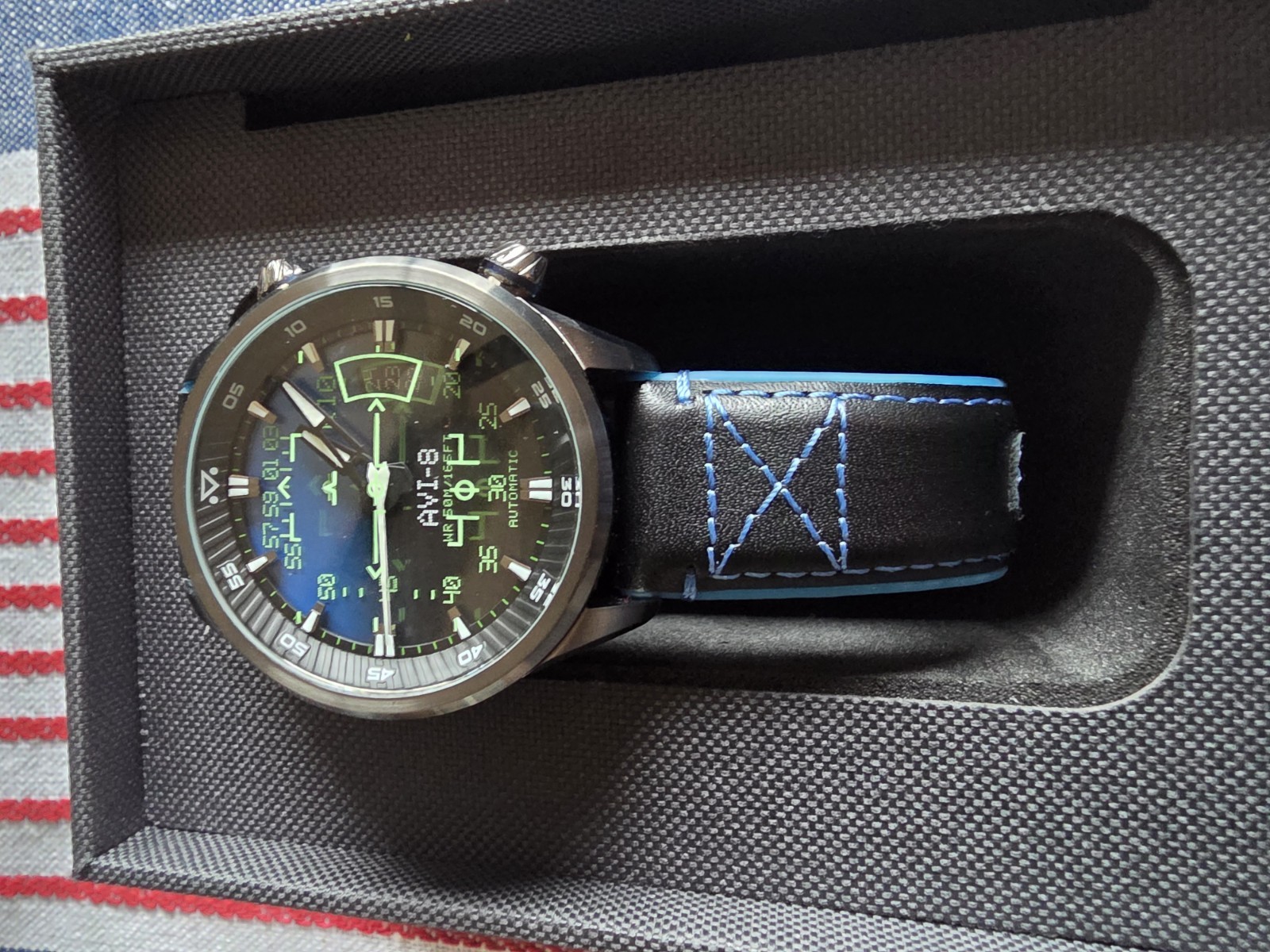 AVI-8 Hawker Hurricane Quartz Chronograph 45mm Black/Blue Leather Box