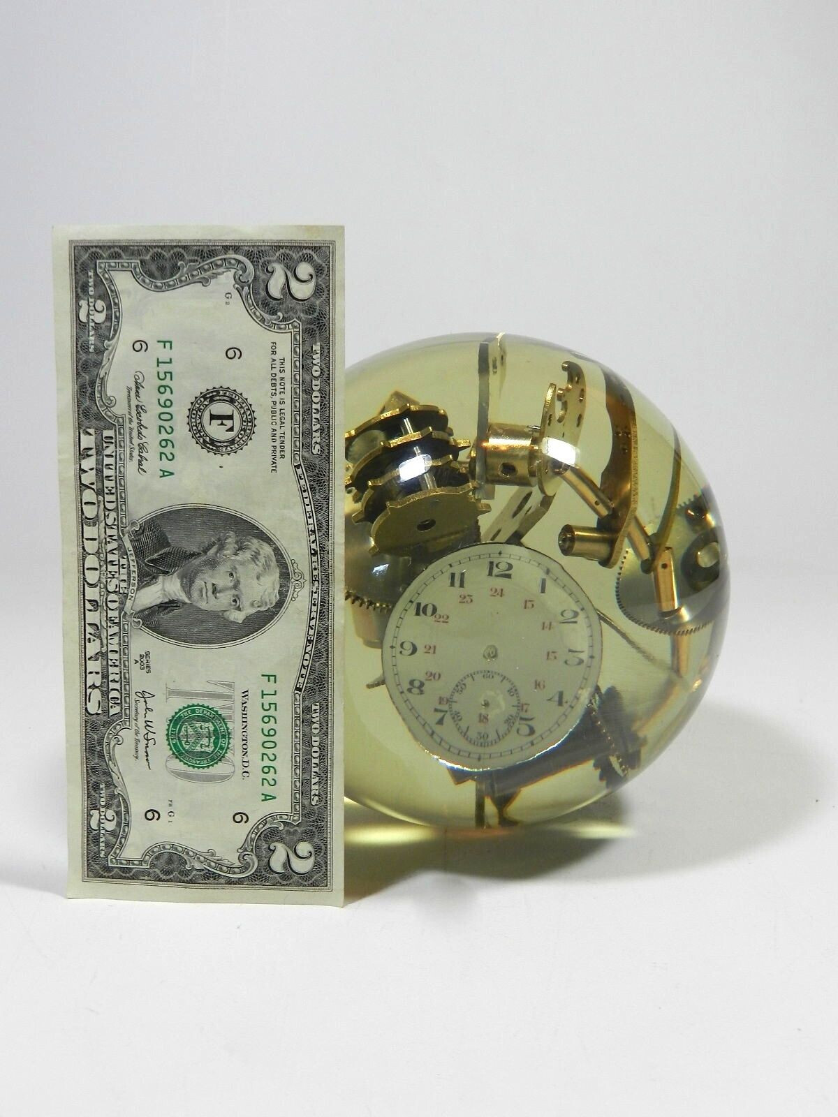 Vintage Lucite Embedded Brass Watch Parts Ball Sculpture Resin Acrylic Sphere