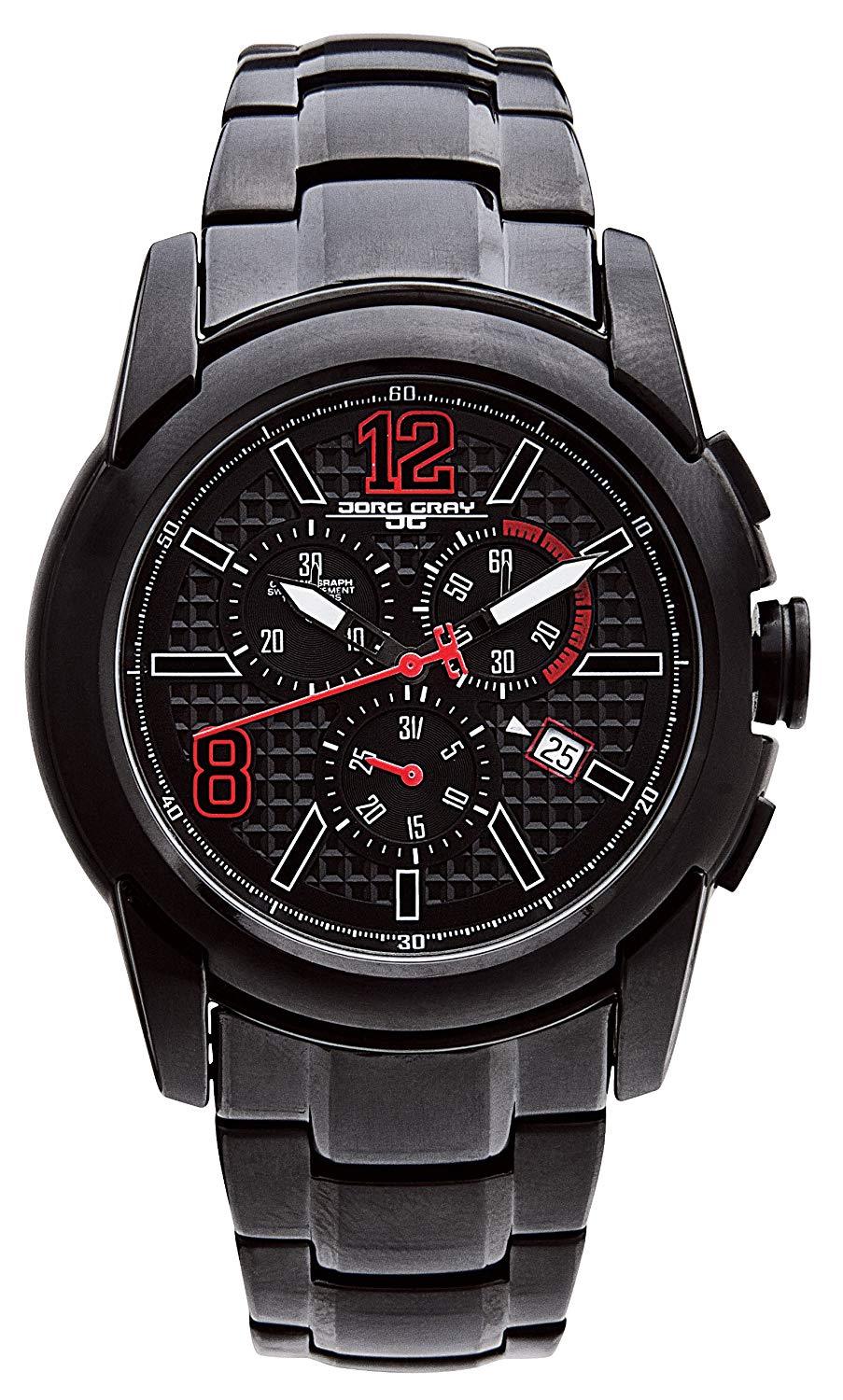 NEW Jorg Gray Mens 9400 Sport Chronograph Black Steel/Red Accent Watch