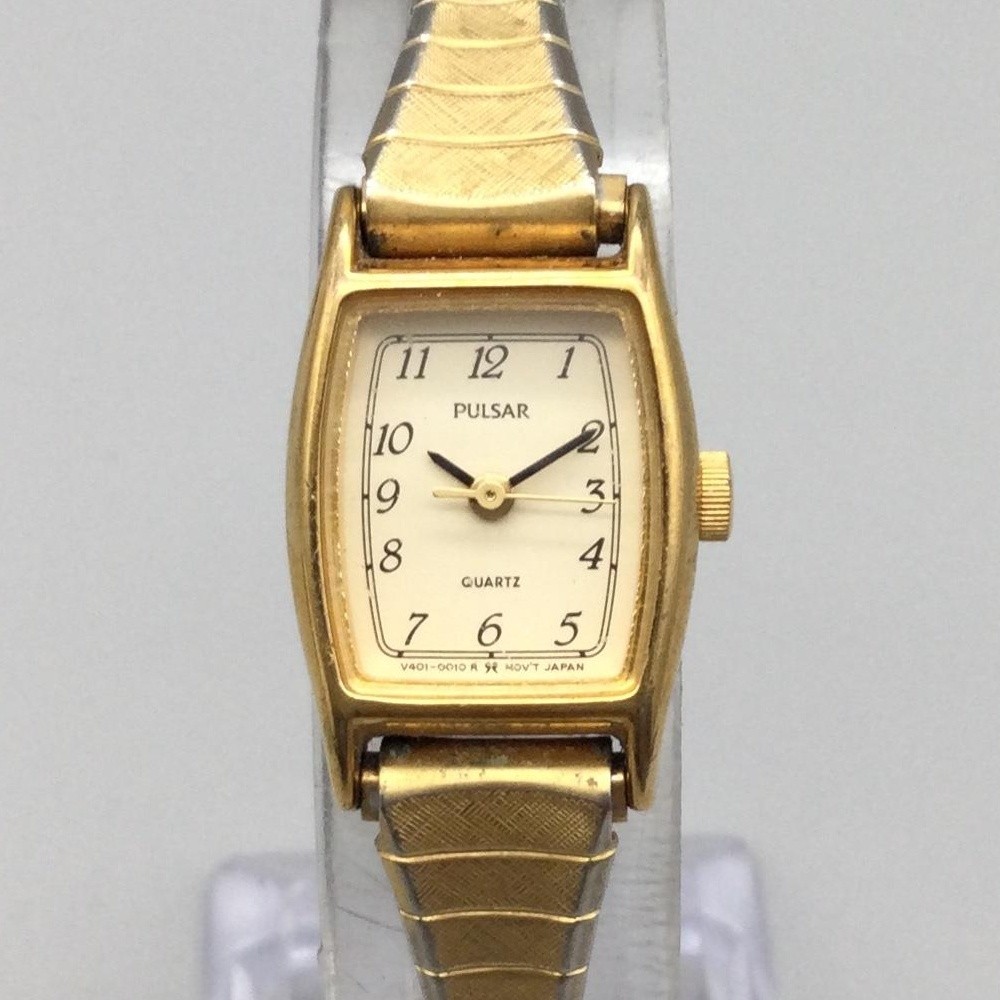 Pulsar Womens Watch 16mm Gold Tone Stretch V401-5000 Expansion New Battery
