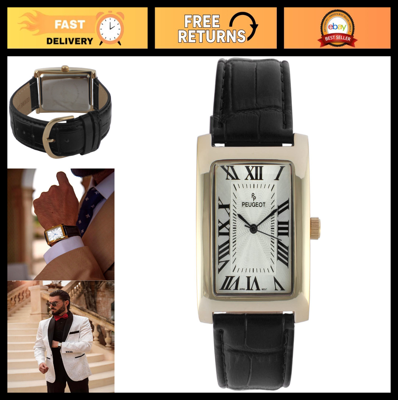 Vintage 14K Gold Plated Men’s Tank Watch, Roman Numeral Dial, Elegant Design