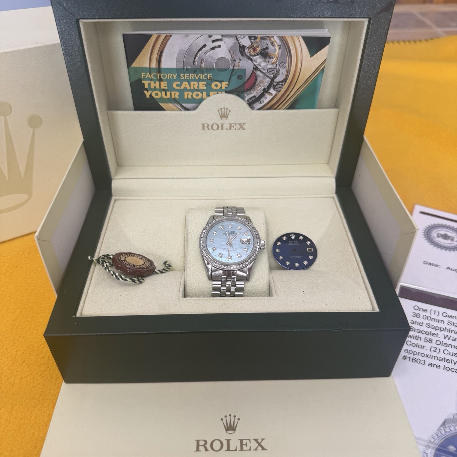 Rolex Datejust Blue Pearl Diamond Face. Diamond Basil. Original Receipt,box,