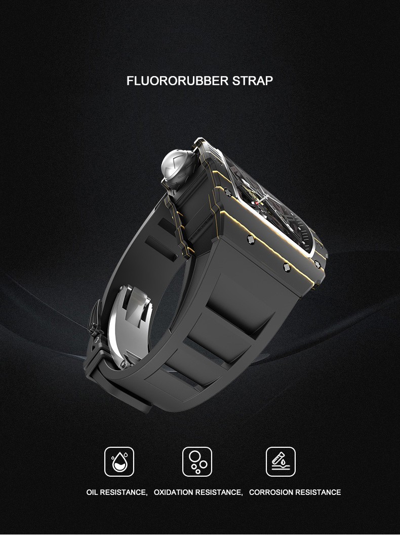 CRONUSART Men Automatic Watch Tonneau Mechanical Wristwatch Carbon Fiber Case