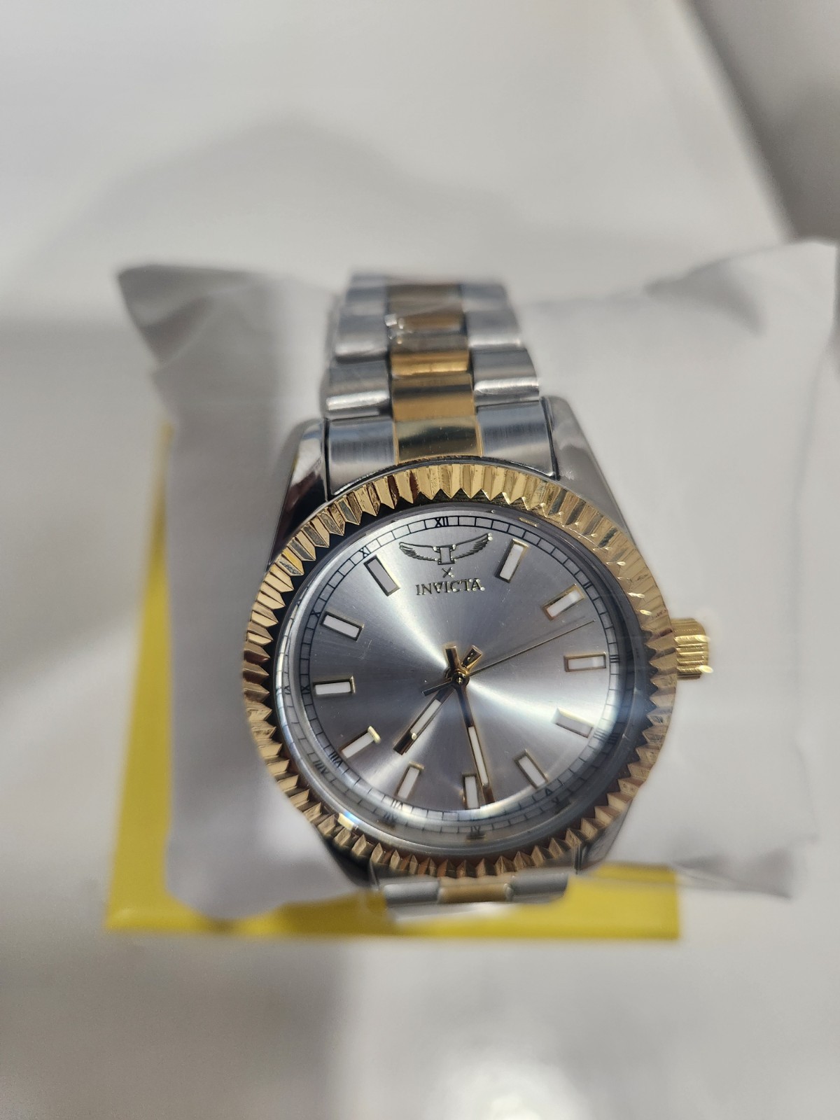 Invicta Quartz Two-Tone SS Bracelet Watch Fluted Bezel Silver Sunburst Dial