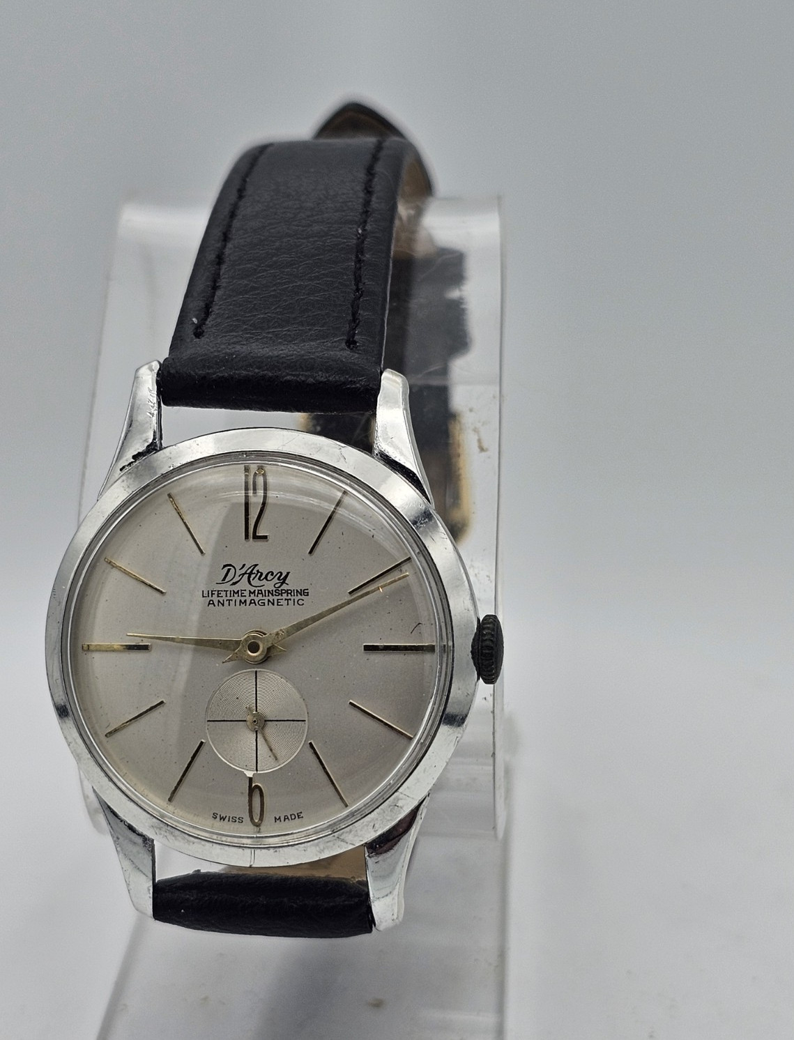 D’Arcy Swiss Made Aluminum Case Manual Wind 32mm Silver Dial Black Leather