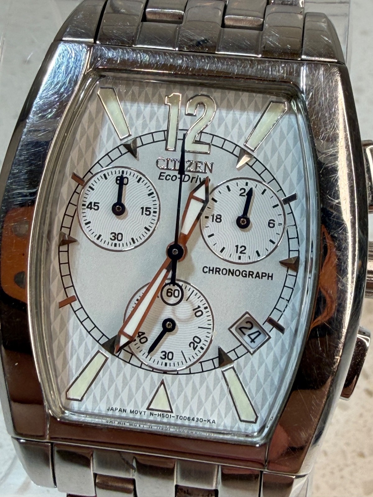 Citizen Eco-Drive Tonneau Chronograph Stainless Steel Men’s Watch – H501-S008336