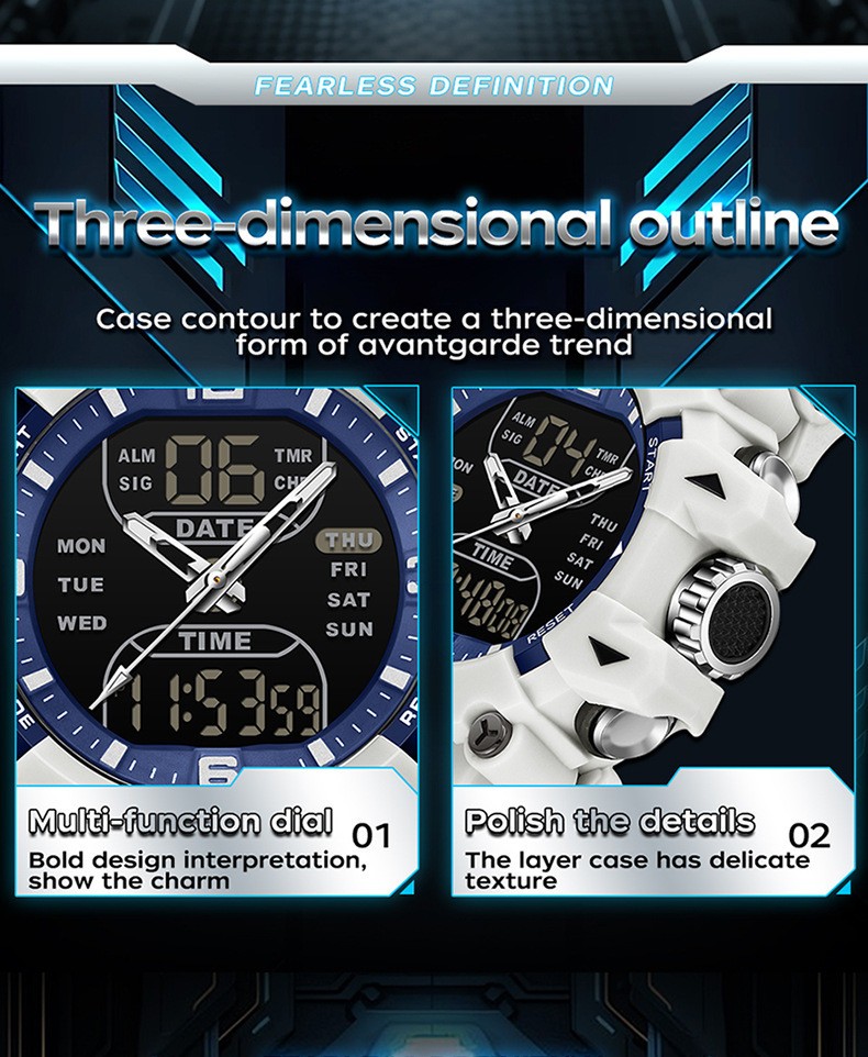 Trendy dual display dial multifunctional sports style quartz waterproof watch
