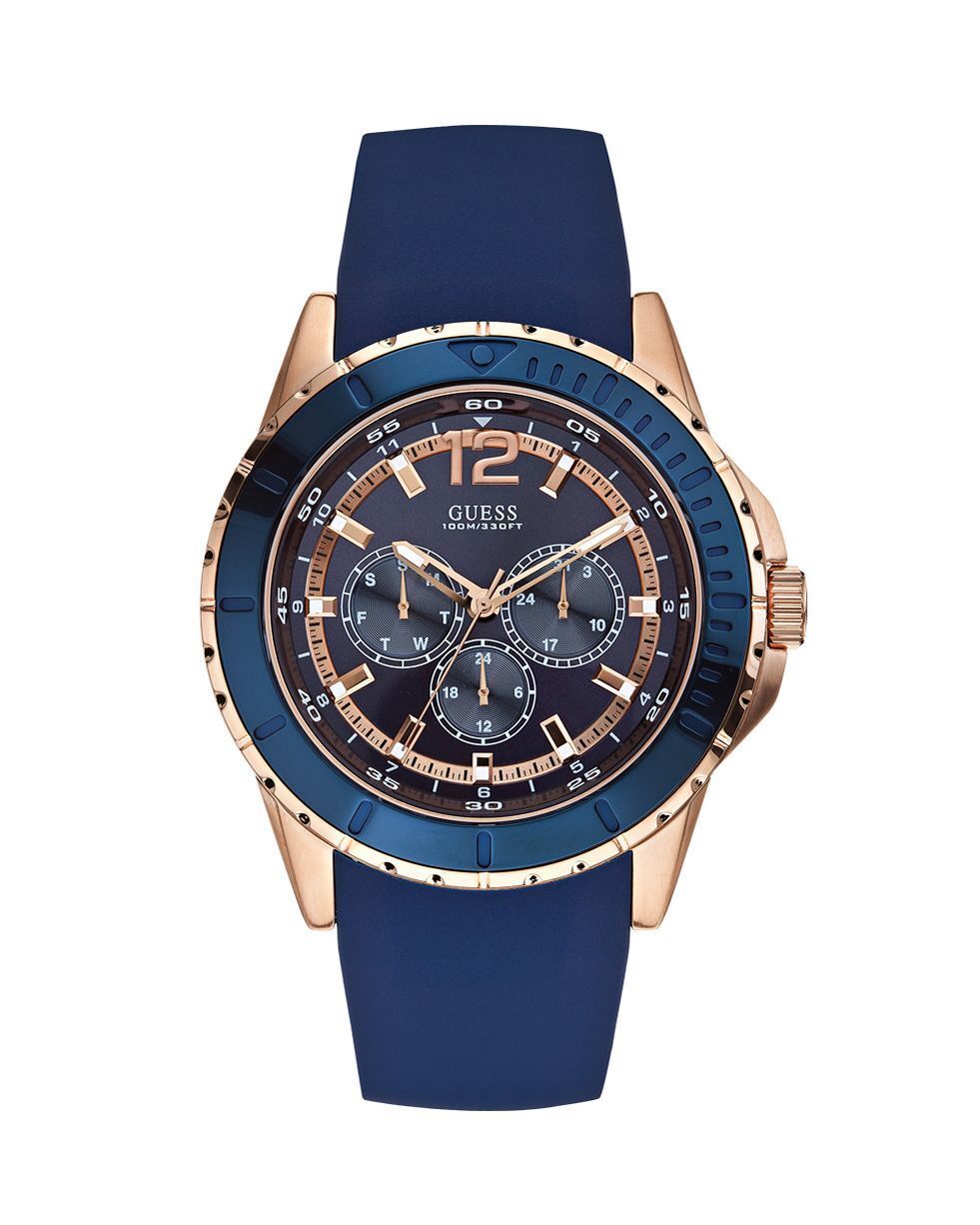 Guess W0485G1 Men’s Maverick Blue Dial Rose Gold Tone Silicone Analog Watch