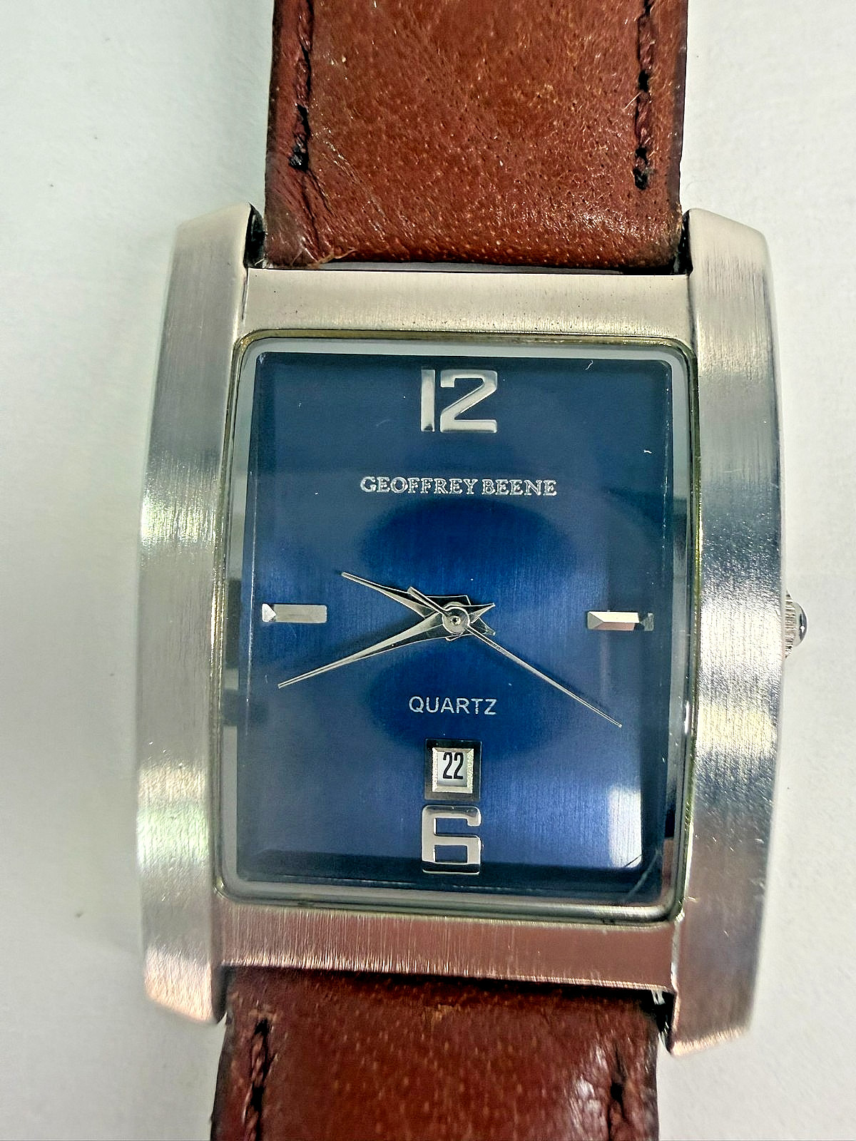 Geoffrey Beene GBM165 Wide Rectangular Navy Blue Dial Date Brown Leather Watch