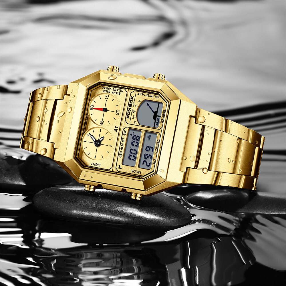 LIGE FOXBOX Men Watch Rectangle Wristwatch Digital Quartz Male Steel LED Watches