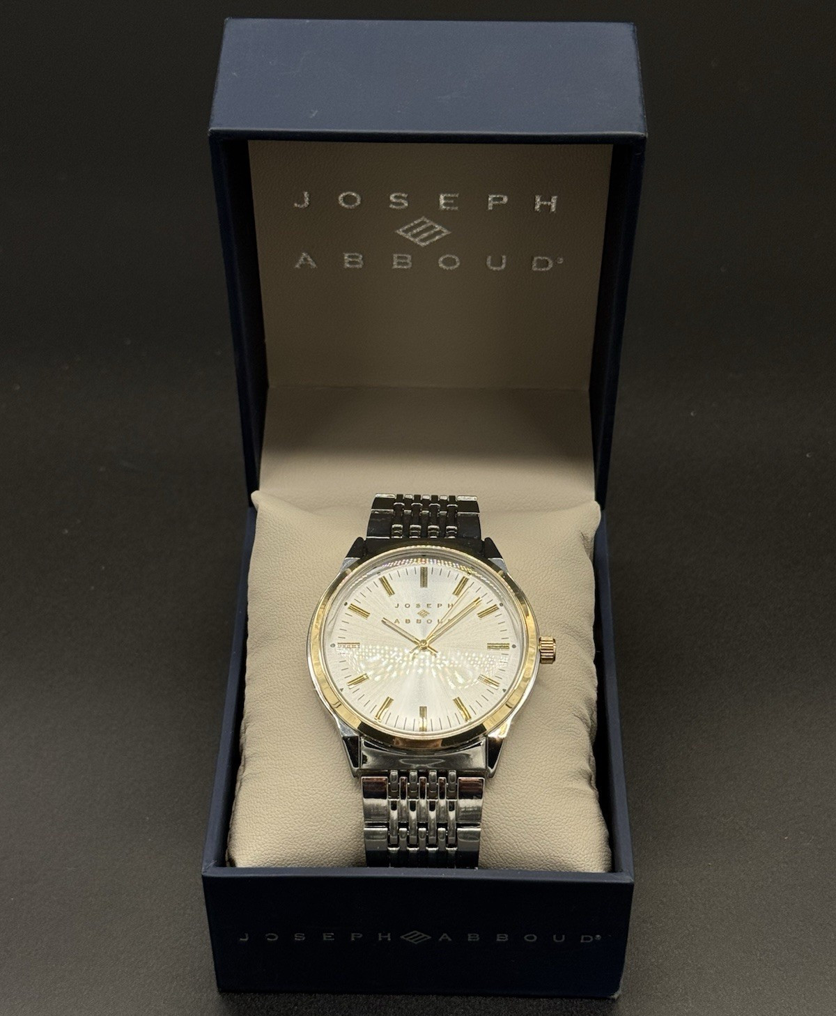 Joseph Abboud Men’s Quartz Analog Dress Watch Silver/Gold, White Dial, Box