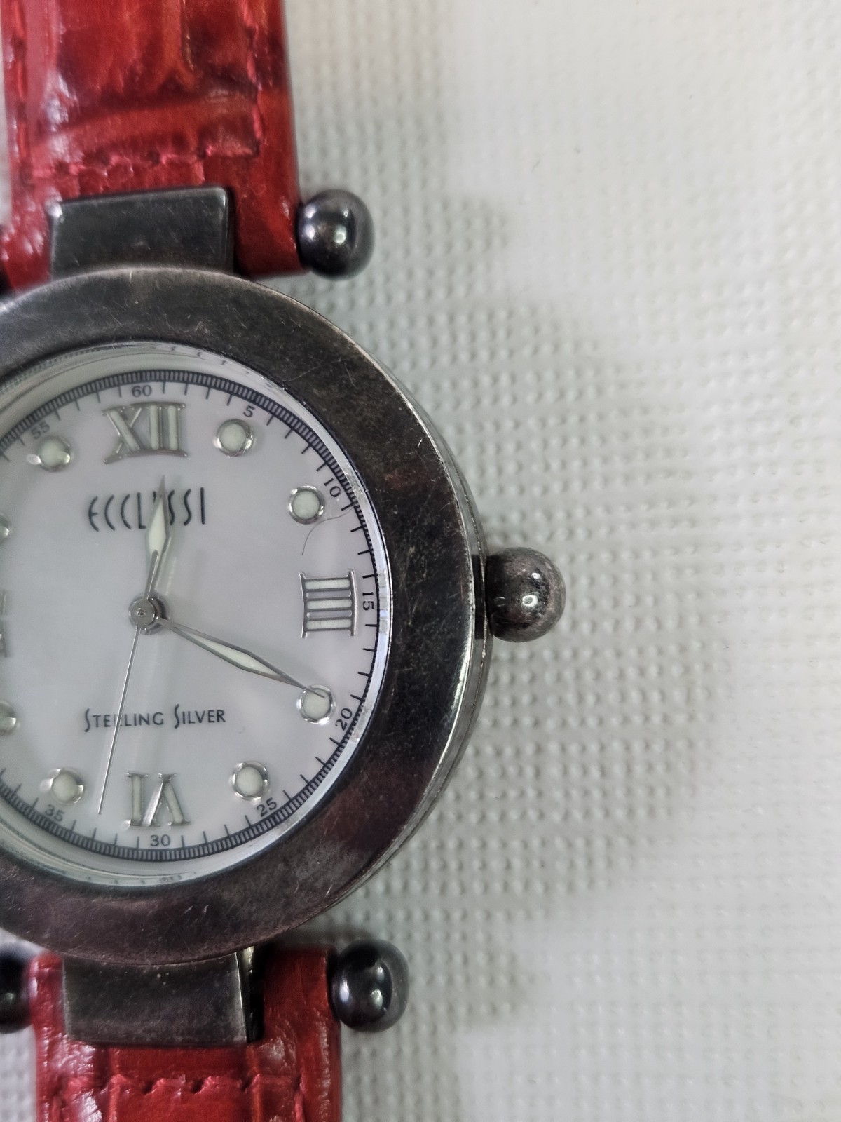 Ecclissi Sterling Silver 925 Case Mother Pearl Face Red Leather New Battery