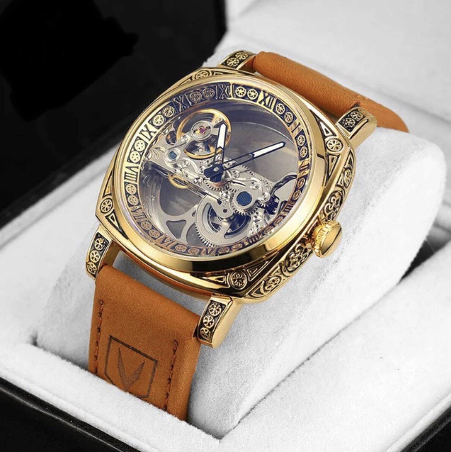 Forsining Men’s Automatic Square Retro Carved Skeleton Luxury Waterproof Watch