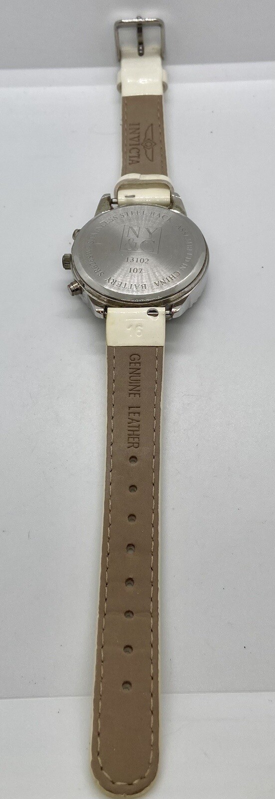 NY&C Ladies Watch Iced Large MOP Dial New Battery Faux Chrono Ivory Leather Band