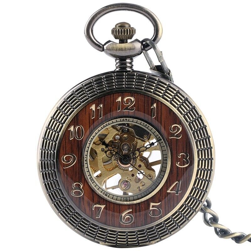 Bronze Men’s Hand-winding Mechanical Pocket Watch Pendant Chain Skeleton Dial
