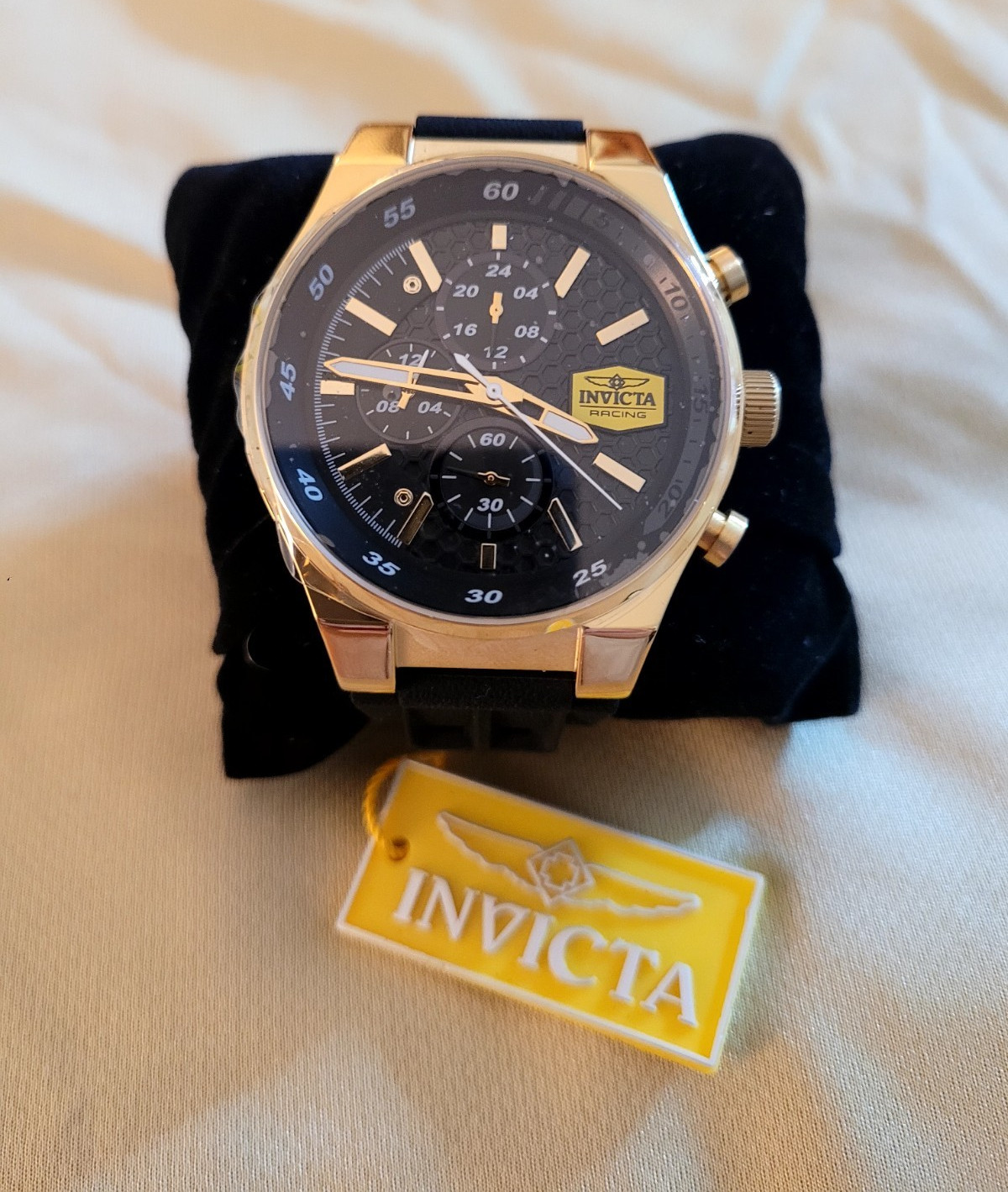 Invicta Racing Men’s Chronograph Quartz Watch Black Dial Gold Case Strap Box