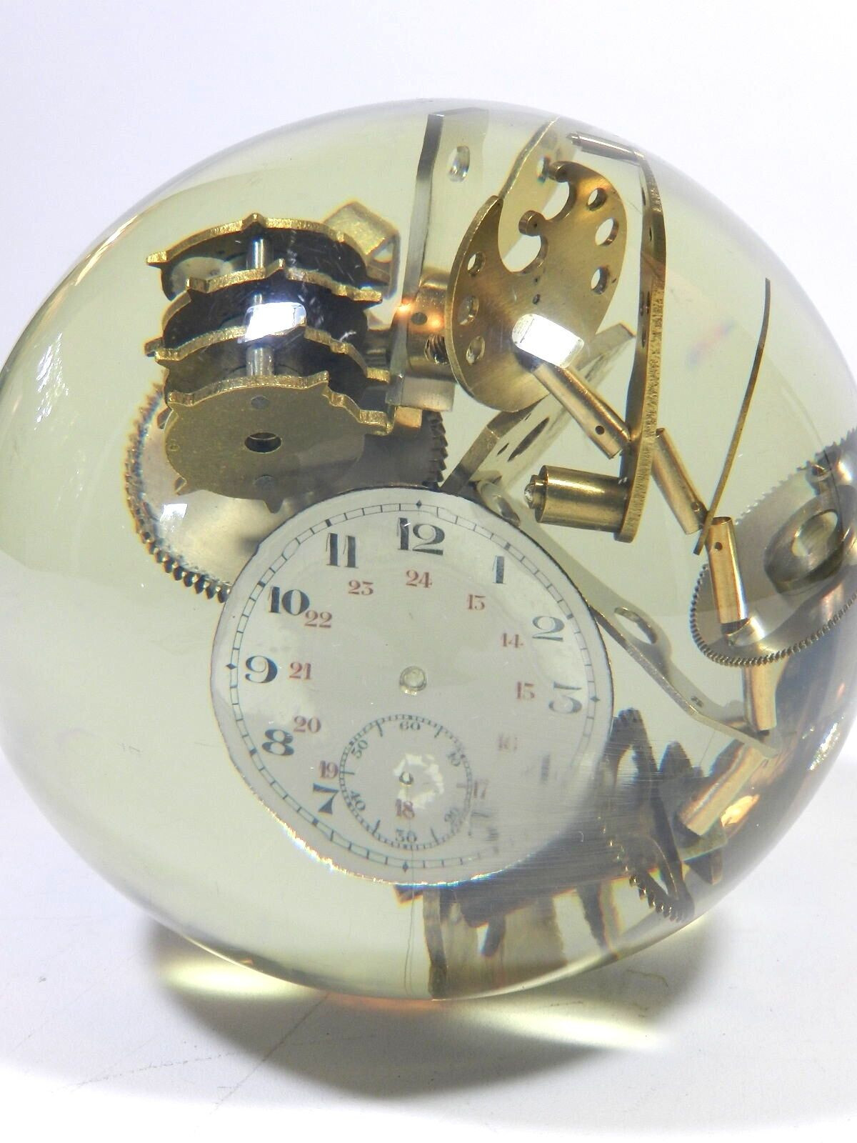 Vintage Lucite Embedded Brass Watch Parts Ball Sculpture Resin Acrylic Sphere