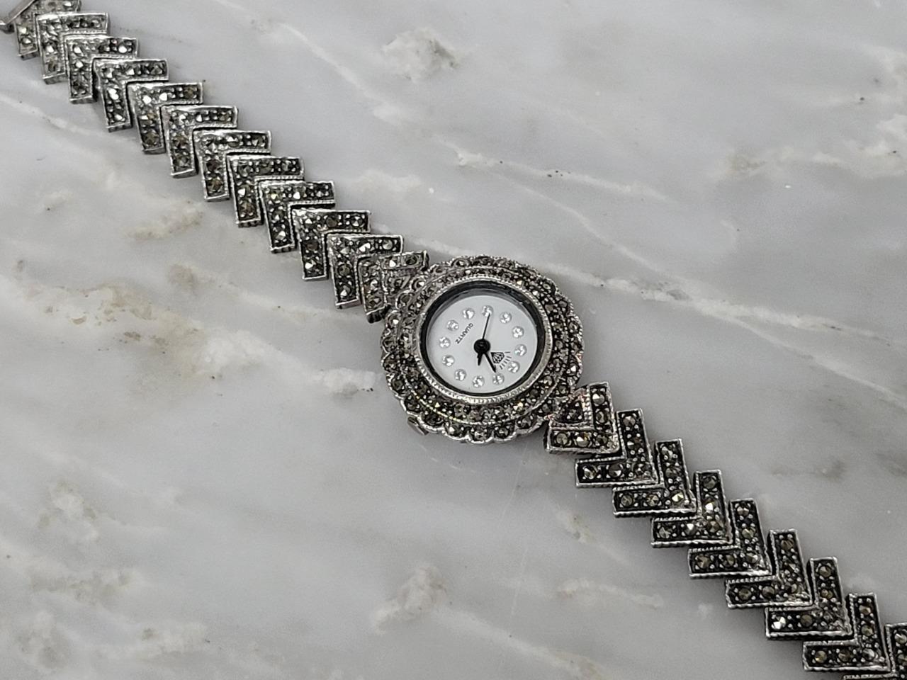 Sterling Silver Marcasites Accented Quartz Wristwatch 7″ ~ 38.9g ~ 12-E1019