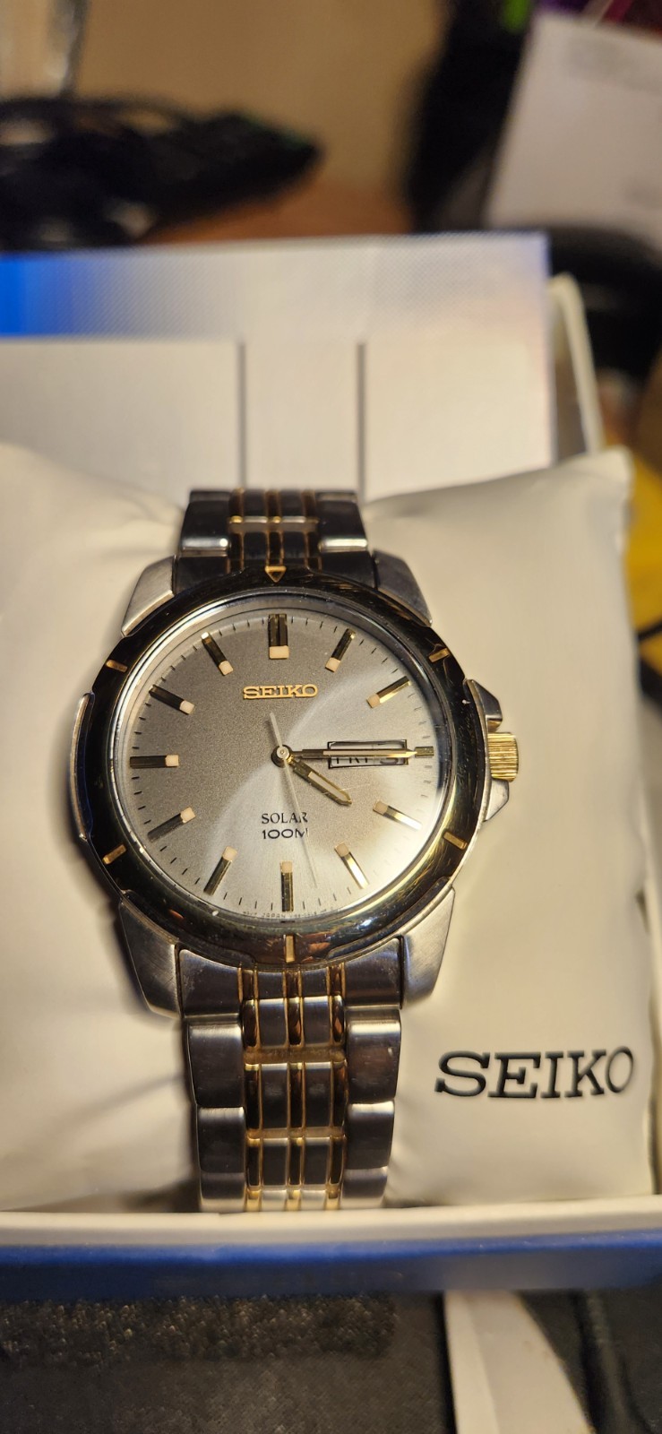 Seiko SNE098 Solar Quartz Men’s Watch Gray Dial Two-Tone Day/Date 100m