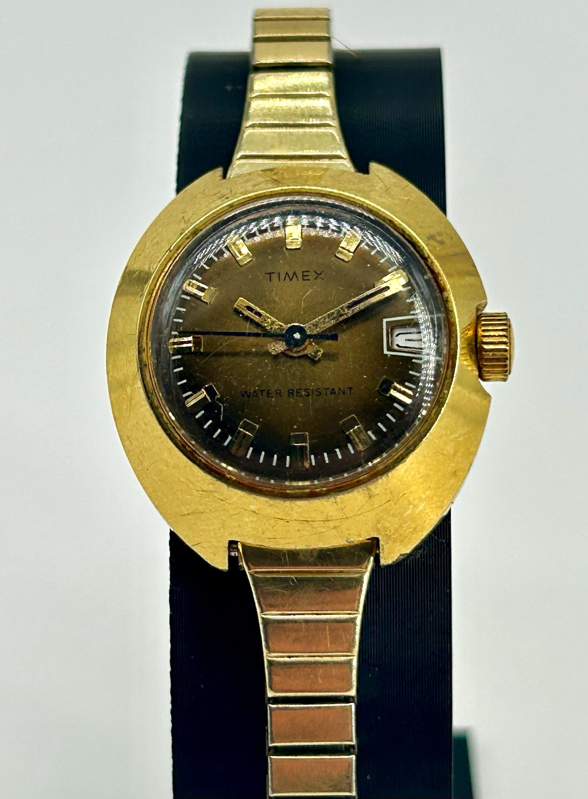 Vintage Timex France Ladies Mechanical Brown Fumé Dial Date Speidel Watch Runs