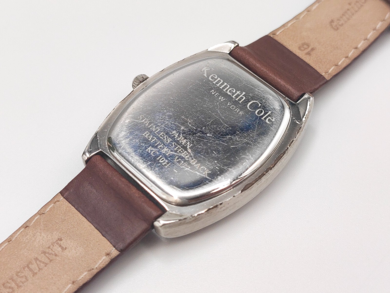 Kenneth Cole KC1011 Tonneau / Barrel Shape Case Brown Leather Strap Watch