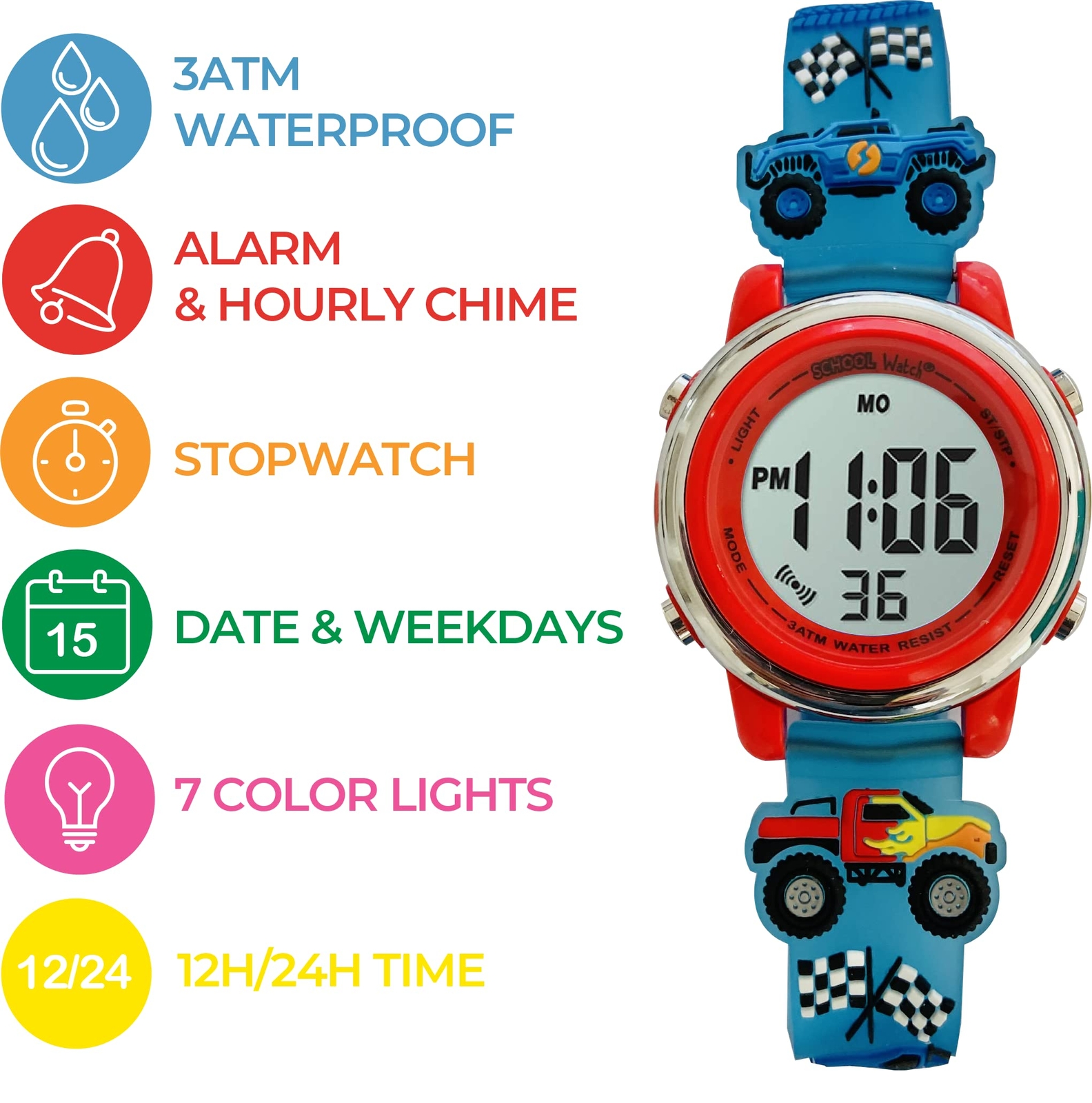 Monster Truck 3D Digital Light Up Watch for Boys – Waterproof School Watch
