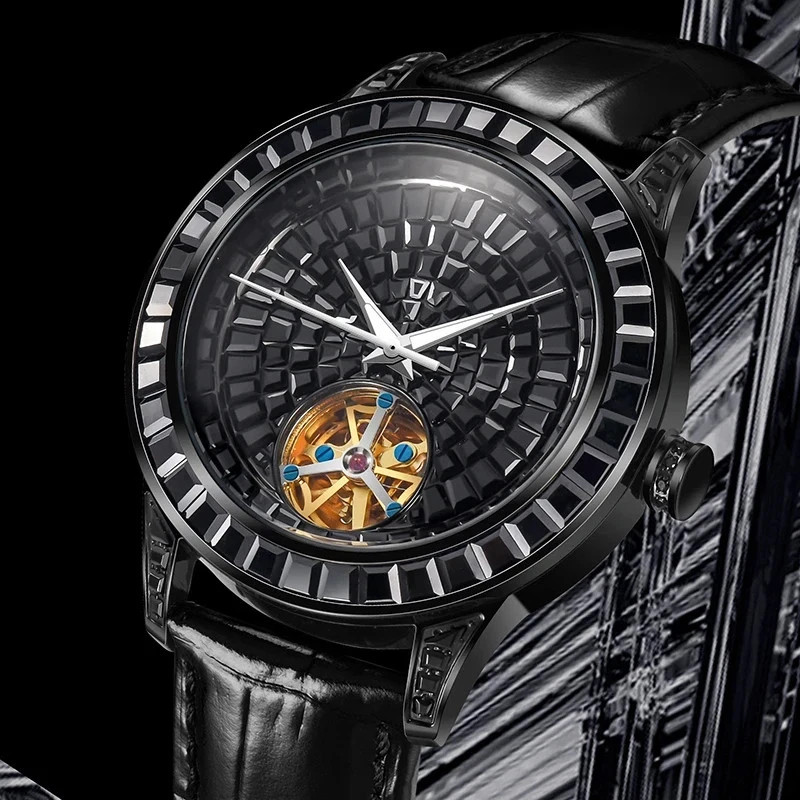 ?USA?PINDU Men’s Automatic Watch Mineral Glass Luminous Black Leather P5037